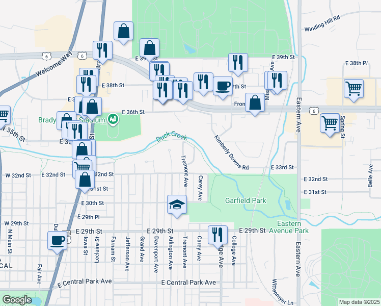 map of restaurants, bars, coffee shops, grocery stores, and more near 3248 Valle Vista Road in Davenport