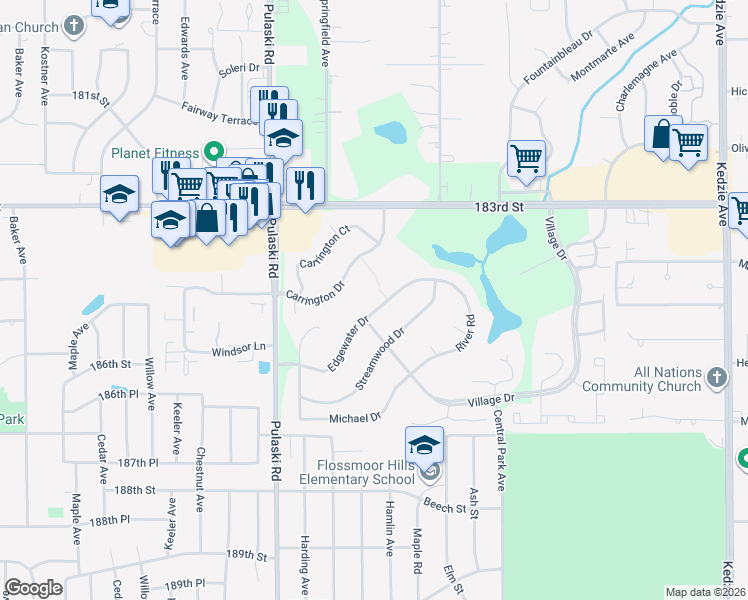 map of restaurants, bars, coffee shops, grocery stores, and more near 3800 Edgewater Drive in Hazel Crest