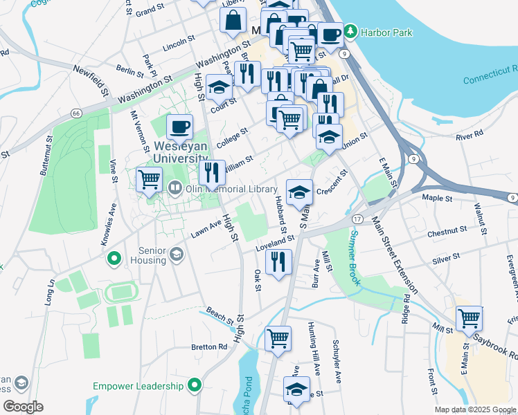 map of restaurants, bars, coffee shops, grocery stores, and more near 133 Church Street in Middletown