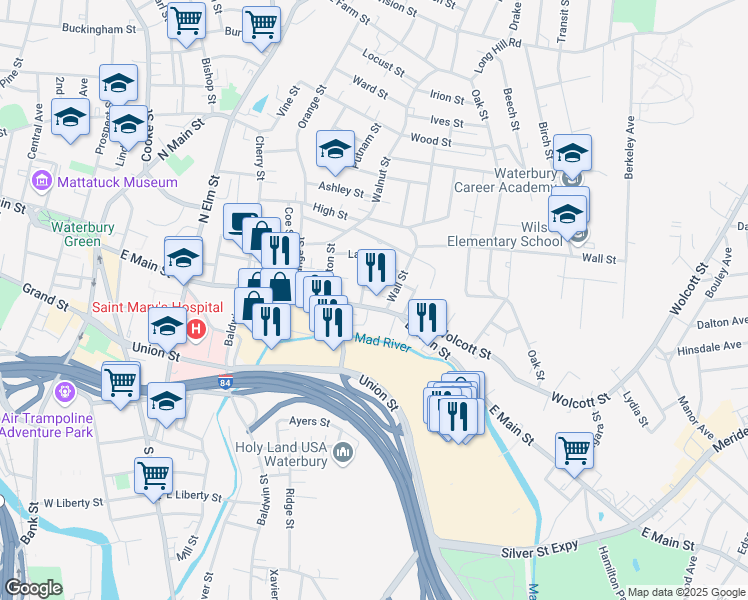 map of restaurants, bars, coffee shops, grocery stores, and more near 26 William Street in Waterbury