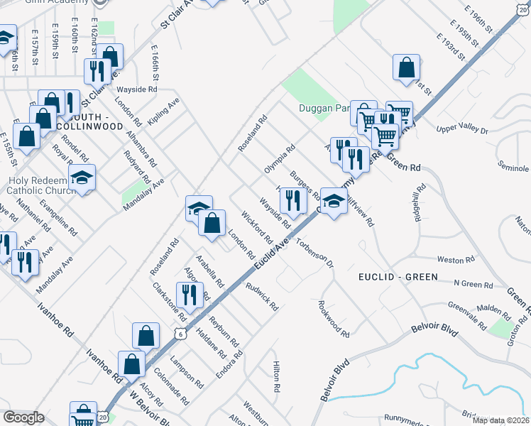map of restaurants, bars, coffee shops, grocery stores, and more near 1745 Wayside Road in Cleveland