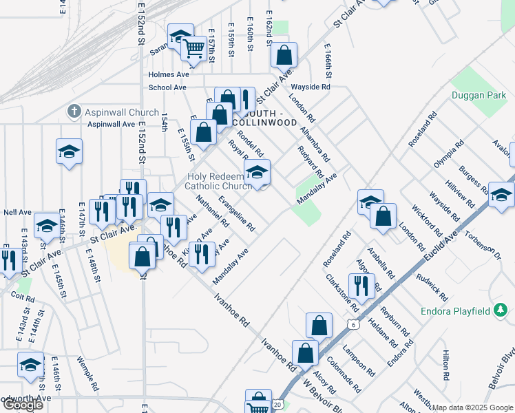 map of restaurants, bars, coffee shops, grocery stores, and more near 957 Stevenson Road in Cleveland