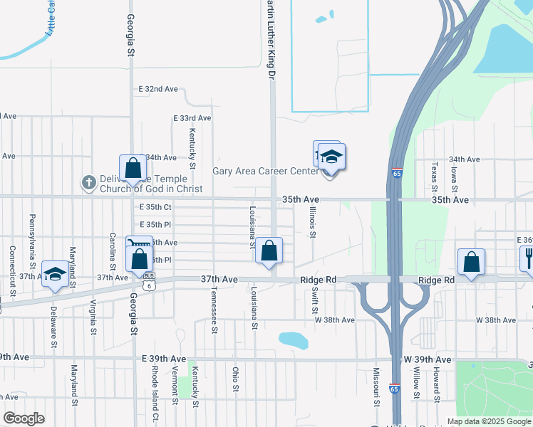 map of restaurants, bars, coffee shops, grocery stores, and more near 1400 East 35th Court in Gary