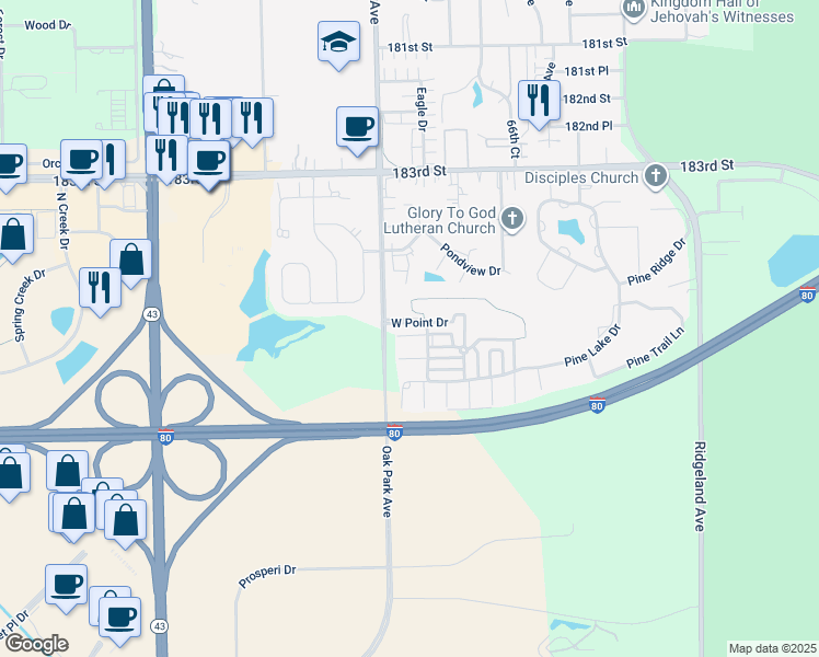 map of restaurants, bars, coffee shops, grocery stores, and more near 18568 West Point Drive in Tinley Park