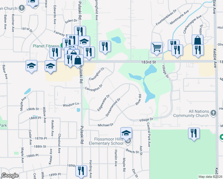map of restaurants, bars, coffee shops, grocery stores, and more near 3800 Edgewater Drive in Hazel Crest