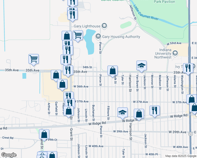 map of restaurants, bars, coffee shops, grocery stores, and more near 3501 Pierce Street in Gary