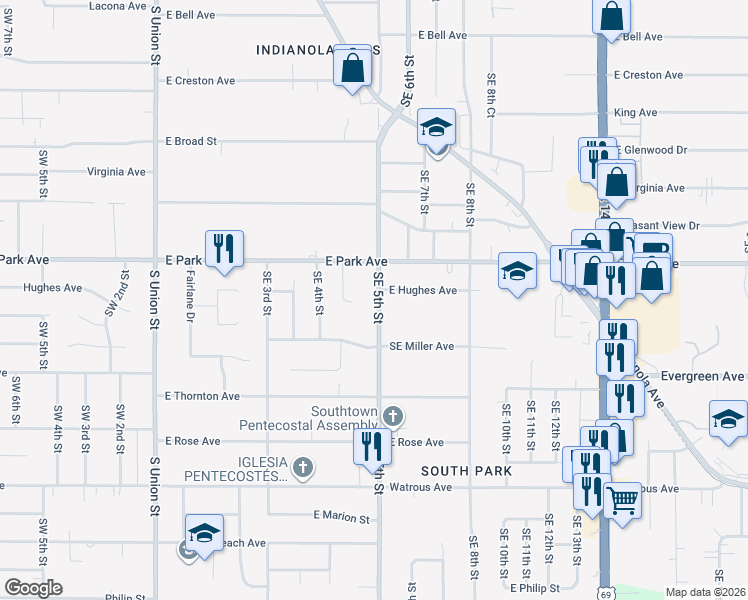 map of restaurants, bars, coffee shops, grocery stores, and more near 3304 Southeast 5th Street in Des Moines