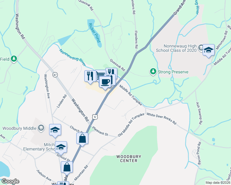 map of restaurants, bars, coffee shops, grocery stores, and more near 121 U.S. 6 in Woodbury
