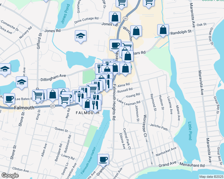 map of restaurants, bars, coffee shops, grocery stores, and more near 871 Main Street in Falmouth