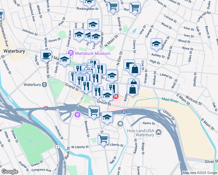 map of restaurants, bars, coffee shops, grocery stores, and more near 95 Scovill Street in Waterbury