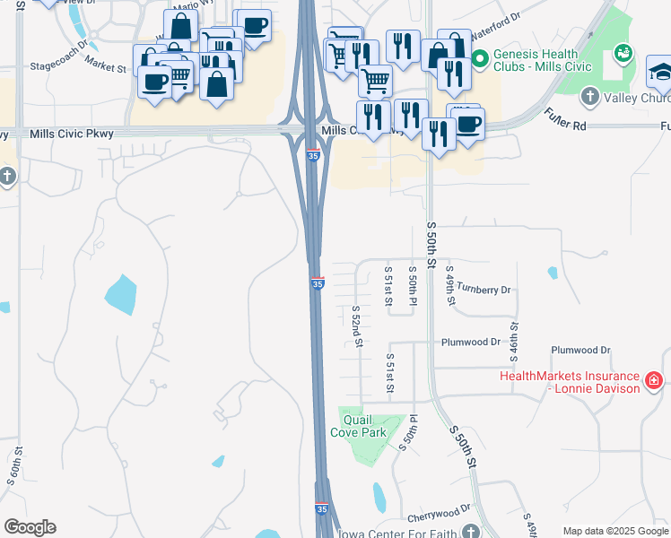 map of restaurants, bars, coffee shops, grocery stores, and more near 1117 South 52nd Street in West Des Moines