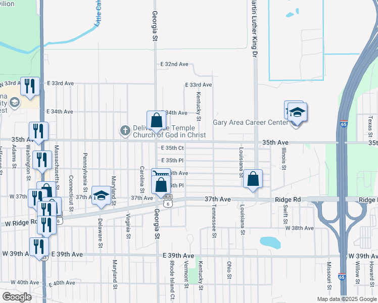 map of restaurants, bars, coffee shops, grocery stores, and more near 1008 E 35th Ct in Gary