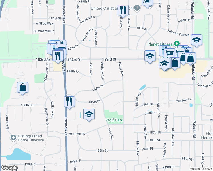 map of restaurants, bars, coffee shops, grocery stores, and more near 4501 185th Street in Country Club Hills