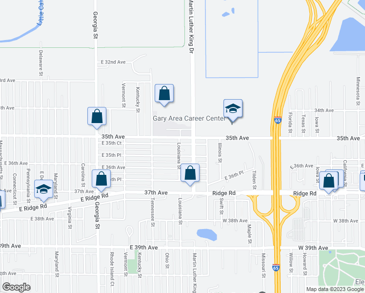 map of restaurants, bars, coffee shops, grocery stores, and more near 1409 East 35th Court in Gary