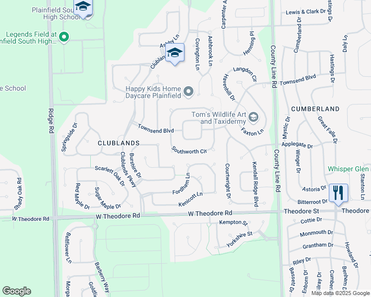 map of restaurants, bars, coffee shops, grocery stores, and more near 7400 Torrey Circle in Plainfield