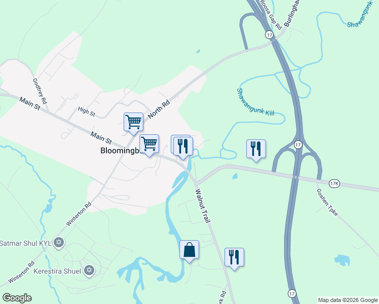 map of restaurants, bars, coffee shops, grocery stores, and more near 10 Amber Light Road in Bloomingburg