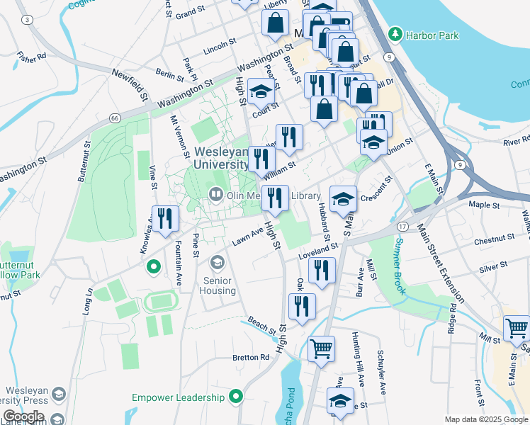 map of restaurants, bars, coffee shops, grocery stores, and more near 222 Church Street in Middletown