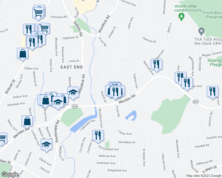 map of restaurants, bars, coffee shops, grocery stores, and more near 22 Munson Avenue in Waterbury