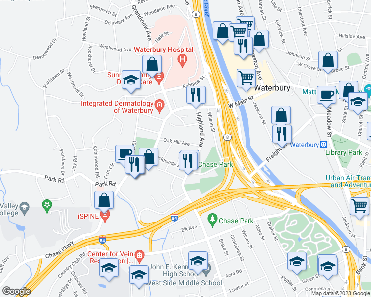 map of restaurants, bars, coffee shops, grocery stores, and more near 26 Oak Hill Avenue in Waterbury