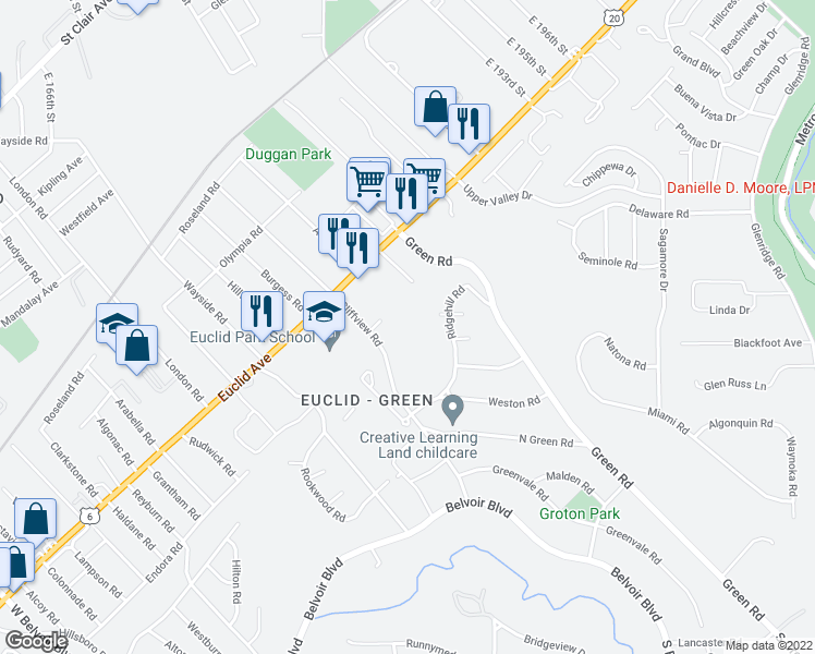 map of restaurants, bars, coffee shops, grocery stores, and more near 18160 Euclid Avenue in Cleveland