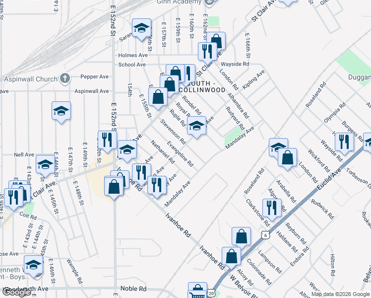 map of restaurants, bars, coffee shops, grocery stores, and more near 945 Evangeline Road in Cleveland