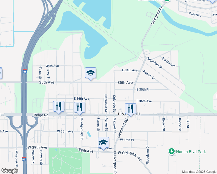 map of restaurants, bars, coffee shops, grocery stores, and more near 3103 East 35th Avenue in Lake Station