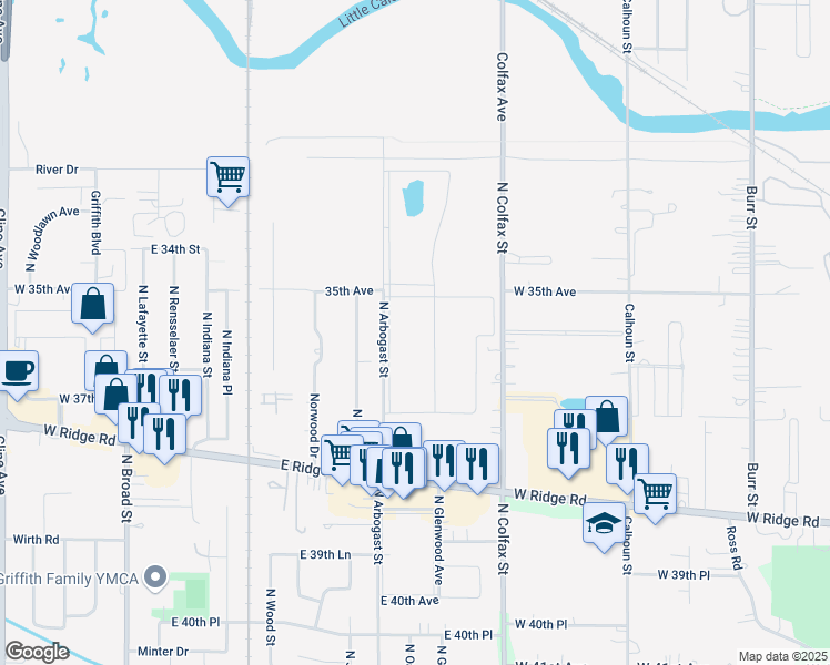map of restaurants, bars, coffee shops, grocery stores, and more near 1819 North Arbogast Street in Griffith