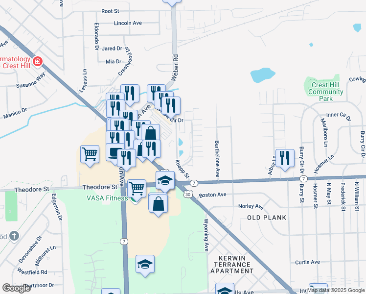 map of restaurants, bars, coffee shops, grocery stores, and more near 1691 Willow Circle Drive in Crest Hill