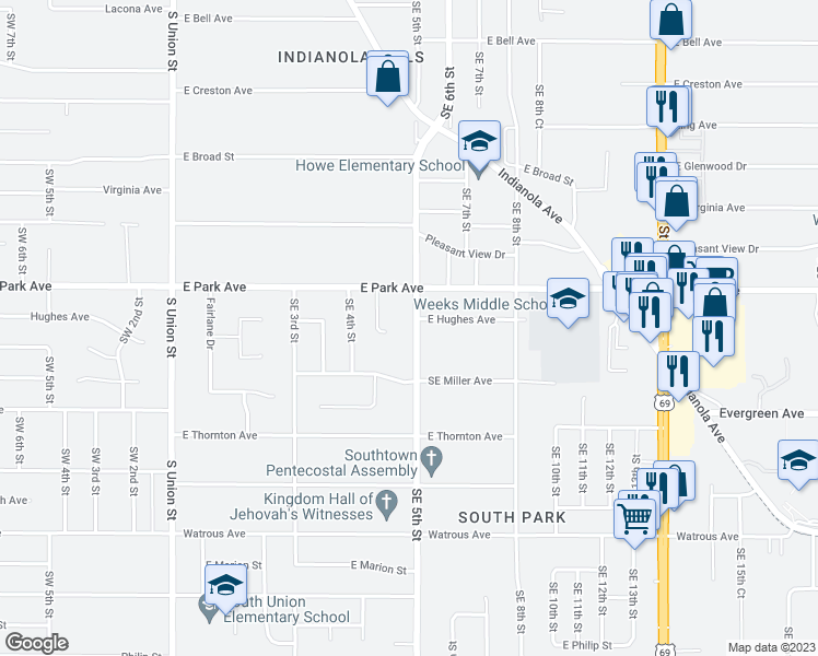 map of restaurants, bars, coffee shops, grocery stores, and more near 3323 Southeast 4th Court in Des Moines
