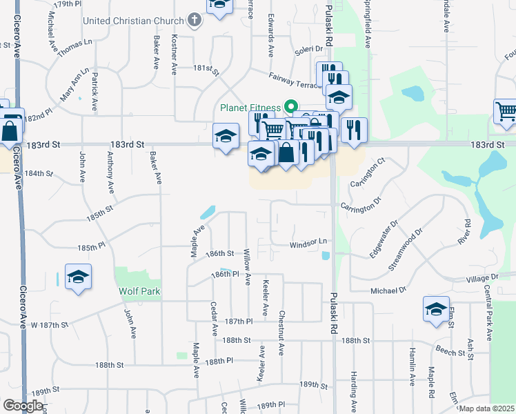 map of restaurants, bars, coffee shops, grocery stores, and more near 2241 Windsor Lane in Country Club Hills