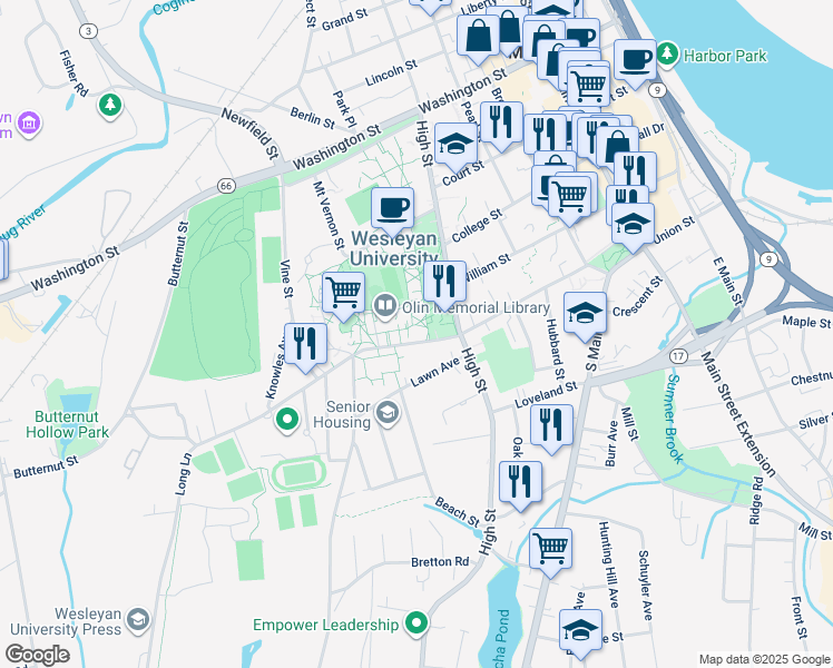 map of restaurants, bars, coffee shops, grocery stores, and more near 222 Church Street in Middletown