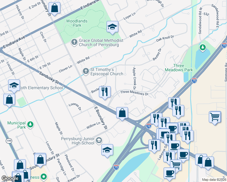 map of restaurants, bars, coffee shops, grocery stores, and more near 910 Shearwood Drive in Perrysburg