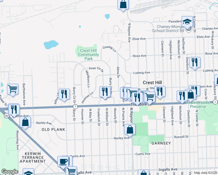 map of restaurants, bars, coffee shops, grocery stores, and more near 1909 Innercircle Drive in Crest Hill