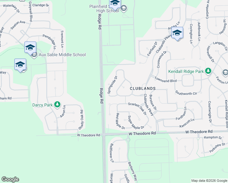 map of restaurants, bars, coffee shops, grocery stores, and more near 1810 Springside Drive in Plainfield