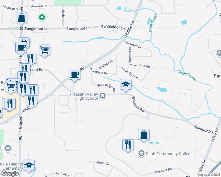map of restaurants, bars, coffee shops, grocery stores, and more near 3130 Quail Ridge Road in Bettendorf