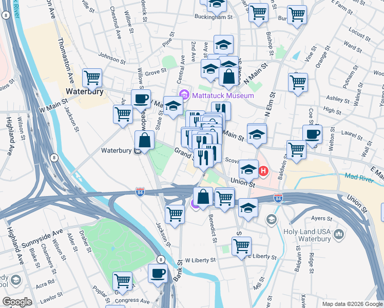 map of restaurants, bars, coffee shops, grocery stores, and more near 61 Leavenworth Street in Waterbury