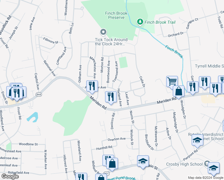 map of restaurants, bars, coffee shops, grocery stores, and more near 128 Alexander Avenue in Waterbury