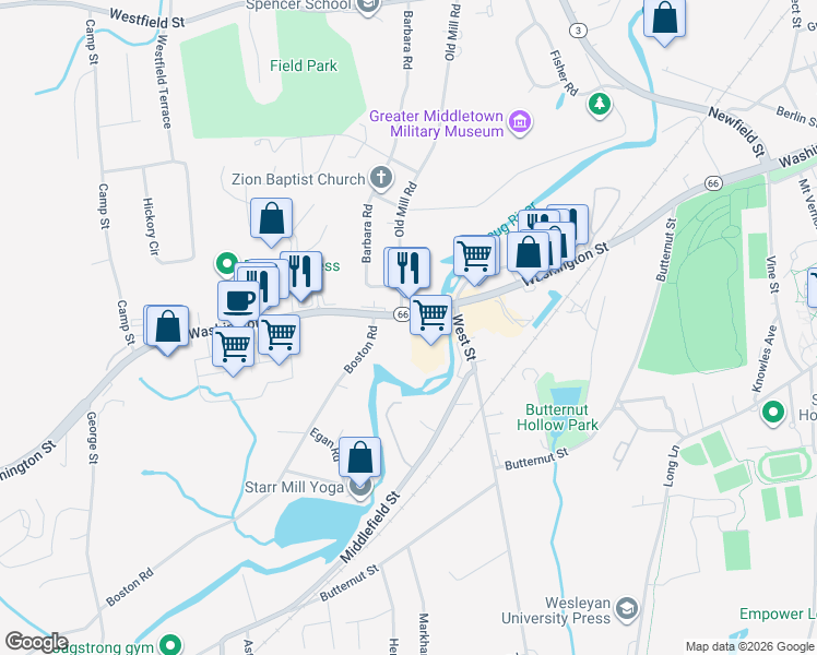 map of restaurants, bars, coffee shops, grocery stores, and more near 694 Washington Street in Middletown