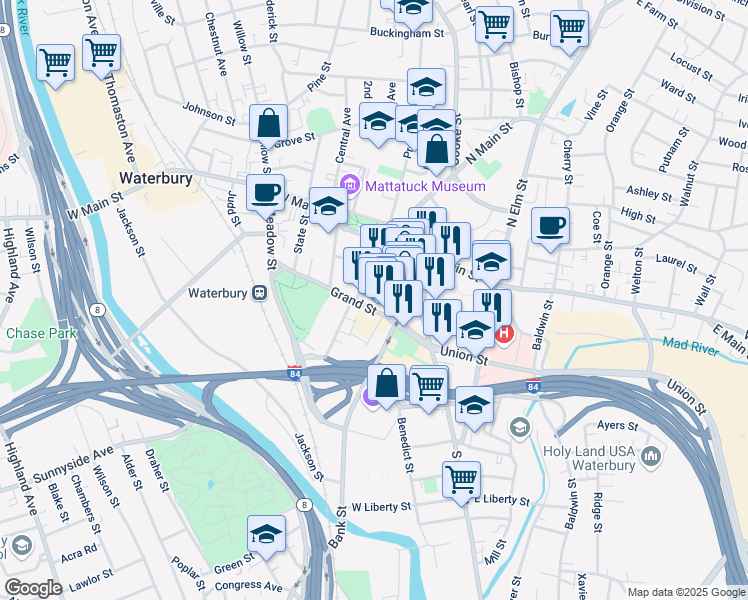map of restaurants, bars, coffee shops, grocery stores, and more near 61 Leavenworth Street in Waterbury