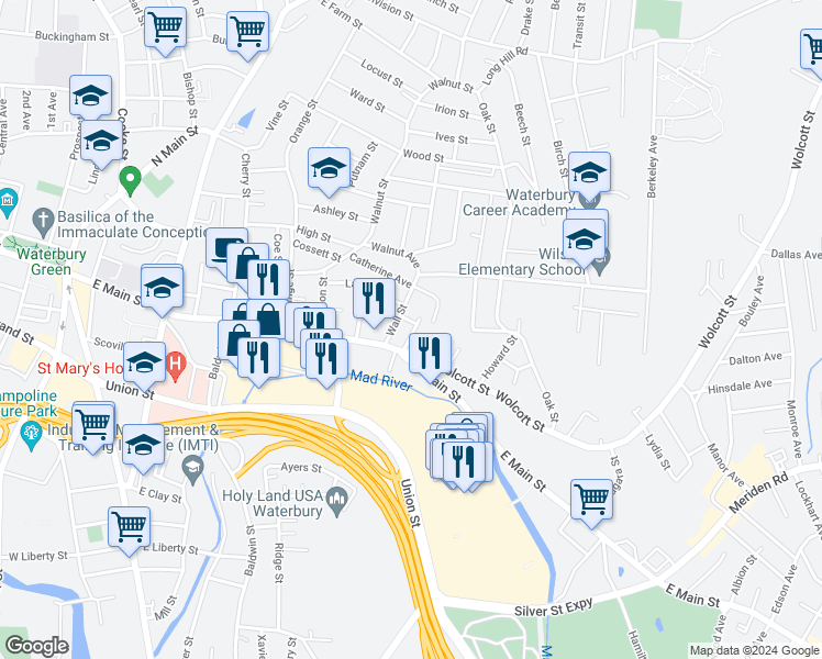 map of restaurants, bars, coffee shops, grocery stores, and more near 23 Taylor Street in Waterbury