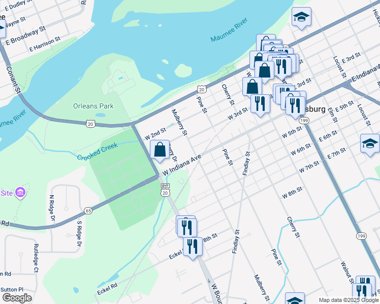 map of restaurants, bars, coffee shops, grocery stores, and more near 324 Mulberry Street in Perrysburg