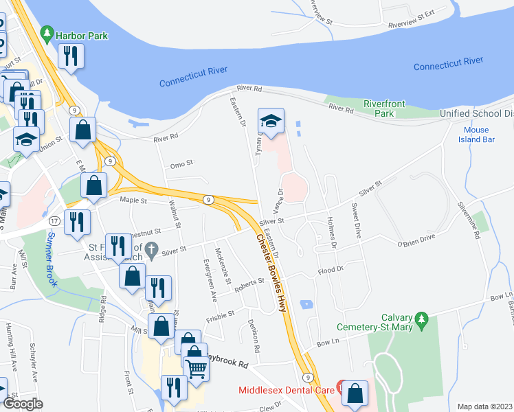 map of restaurants, bars, coffee shops, grocery stores, and more near 163 Eastern Drive in Middletown