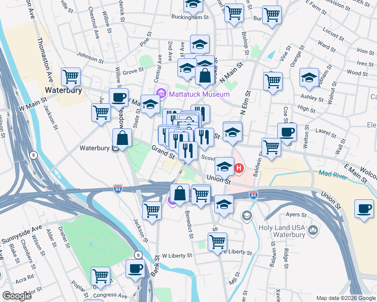 map of restaurants, bars, coffee shops, grocery stores, and more near 96 Bank Street in Waterbury