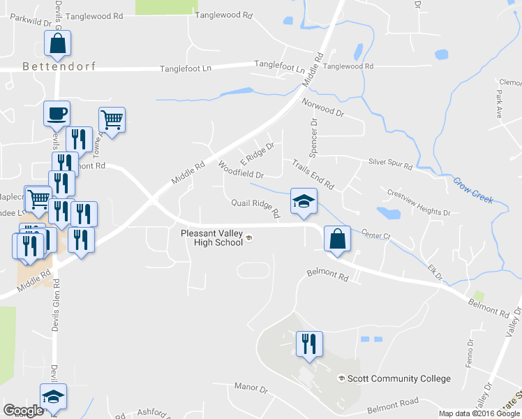 map of restaurants, bars, coffee shops, grocery stores, and more near 3130 Quail Ridge Road in Bettendorf
