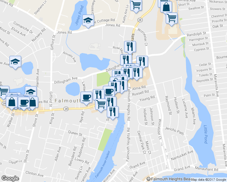 map of restaurants, bars, coffee shops, grocery stores, and more near 744 Main Street in Falmouth