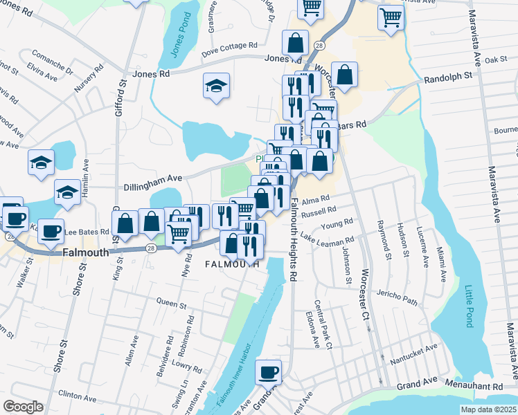 map of restaurants, bars, coffee shops, grocery stores, and more near 744 Main Street in Falmouth