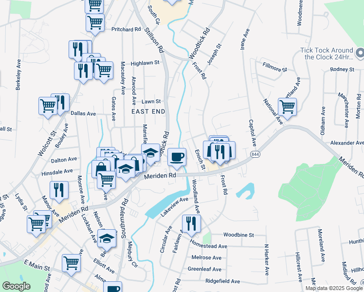 map of restaurants, bars, coffee shops, grocery stores, and more near 16 Mortimer Street in Waterbury