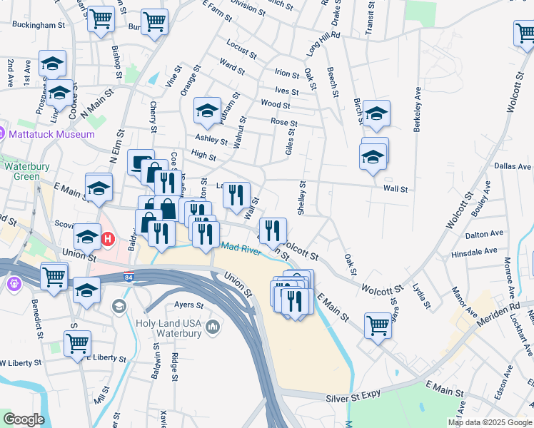 map of restaurants, bars, coffee shops, grocery stores, and more near 28-30 Crosby Street in Waterbury