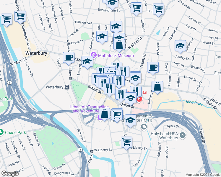 map of restaurants, bars, coffee shops, grocery stores, and more near 96 Bank Street in Waterbury