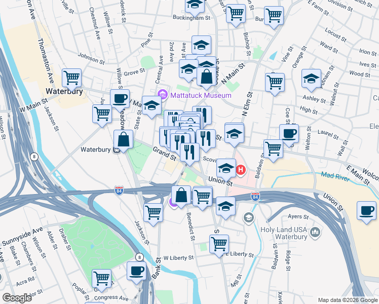 map of restaurants, bars, coffee shops, grocery stores, and more near 96 Bank Street in Waterbury
